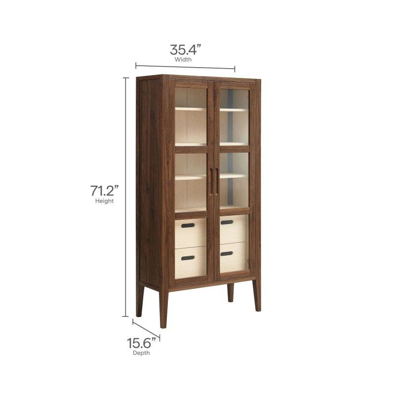 Ceviz MDF Cam Kapaklı Çekmeceli Kitaplık - 181 cm - 319049