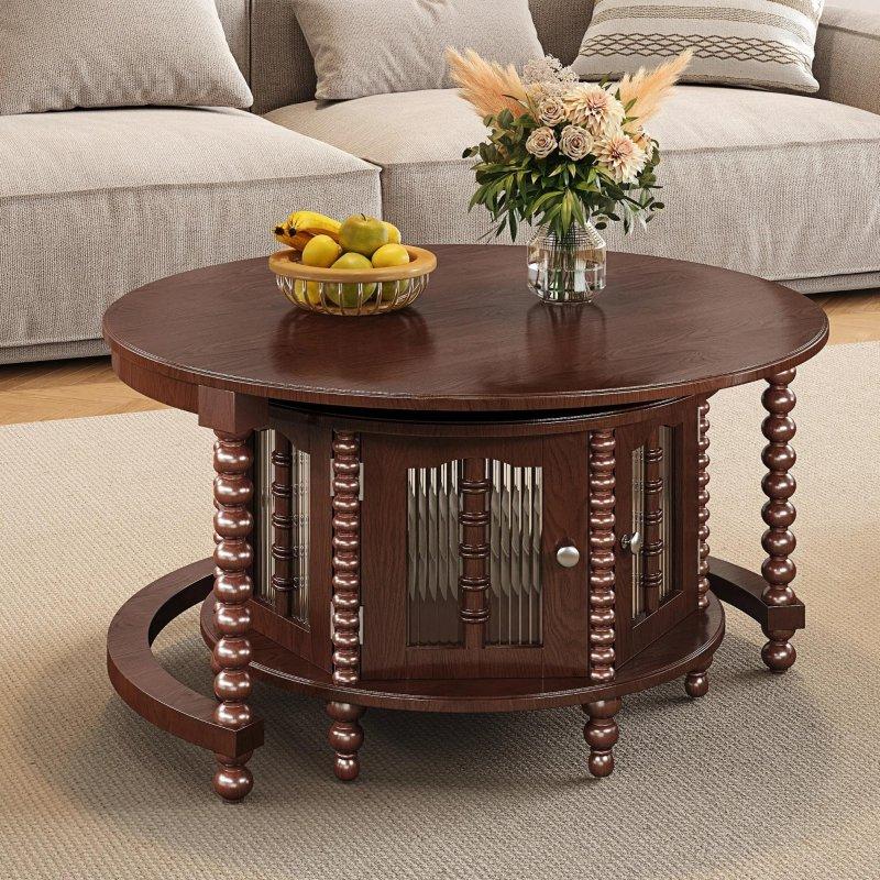 Ceviz MDF Cam Panelli Zigon Yuvarlak Orta Sehpa - 81 cm - 240390