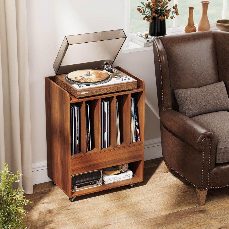 Ceviz MDF Çekmeceli Plak Bölmeli Tekerlekli Kitaplık - 54x36x74 cm - 316544