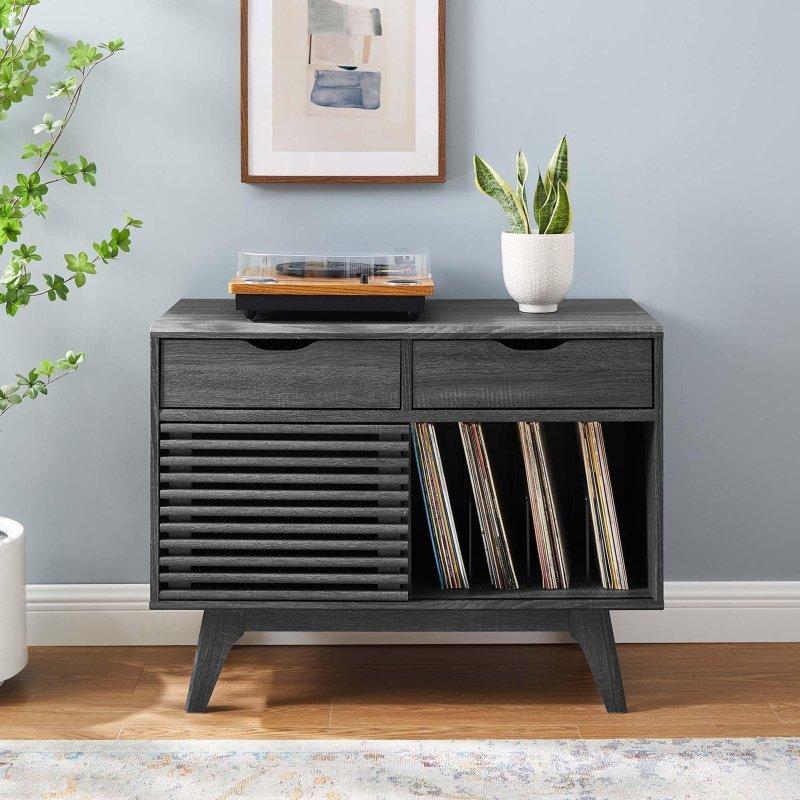 Ceviz MDF Çekmeceli Sürgülü Kapaklı Plak Standı Kitaplık - 93x45x70 cm - 317453