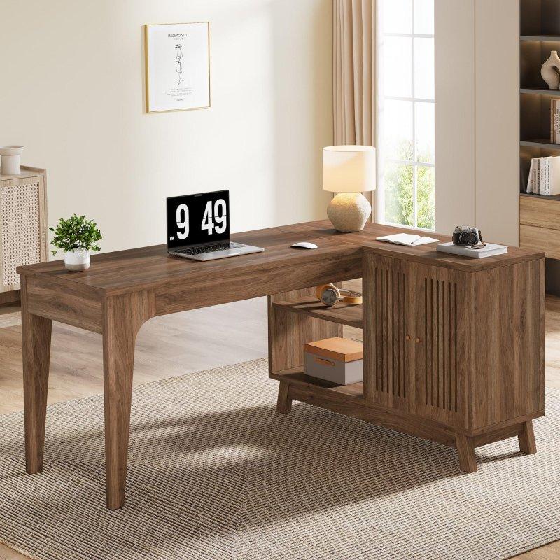 Ceviz MDF Depolama Kabinli L Tipi Ofis Masası - 145 cm - 325859