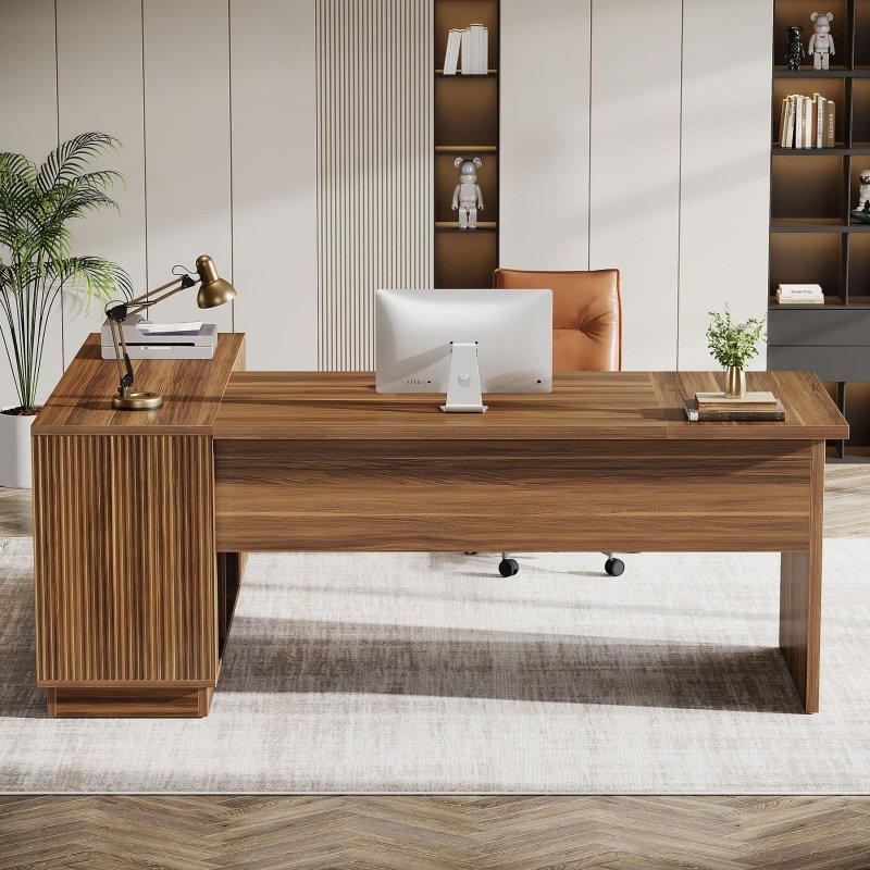 Ceviz MDF Dosya Dolaplı Raflı L Tipi Yönetici Ofis Masası - 180 cm - 326115
