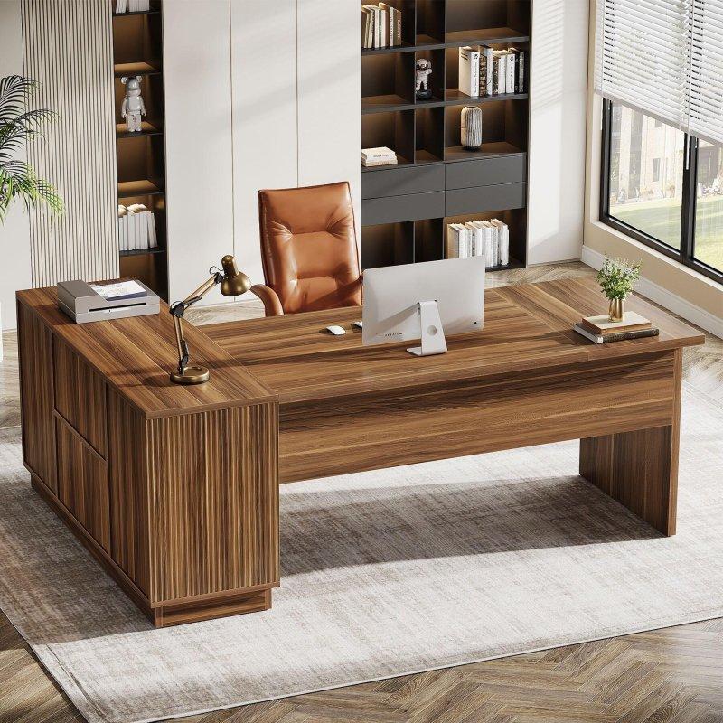 Ceviz MDF Dosya Dolaplı Raflı L Tipi Yönetici Ofis Masası - 180 cm - 326115