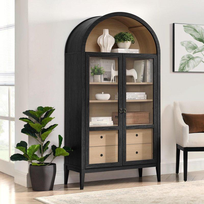Ceviz MDF Kemerli Cam Kapaklı Çekmeceli Kitaplık - 100x189 cm - 316130