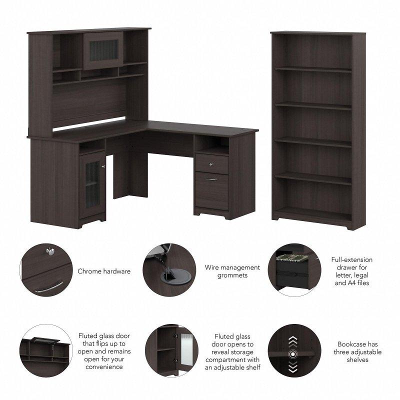 Ceviz MDF Kitaplıklı ve Etajerli L Tipi Ofis Masası - 153 cm - 327246