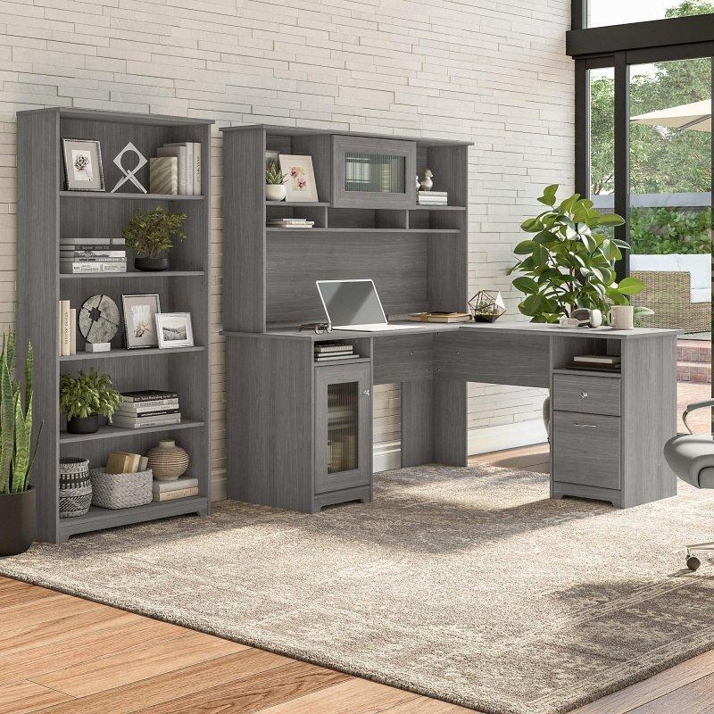 Ceviz MDF Kitaplıklı ve Etajerli L Tipi Ofis Masası - 153 cm - 327246