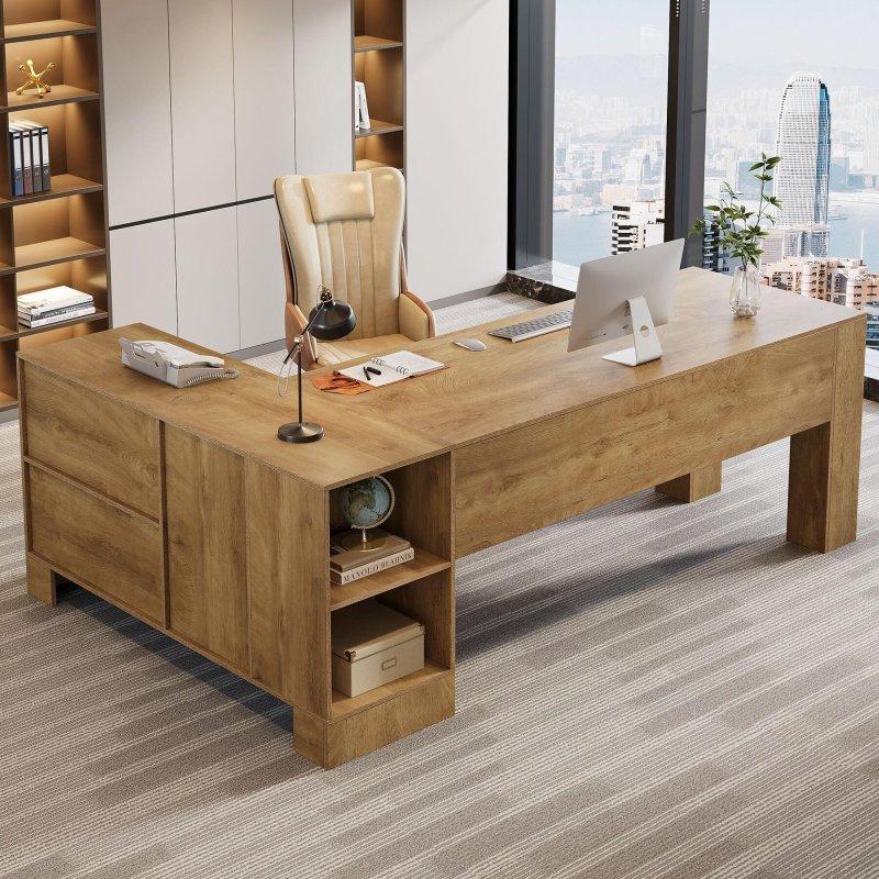 Ceviz MDF L Tipi Raflı ve Dolaplı Ofis Masası - 160x70 cm - 326641