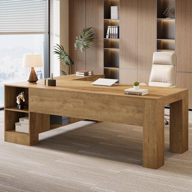 Ceviz MDF L Tipi Raflı ve Dolaplı Ofis Masası - 160x70 cm - 326641