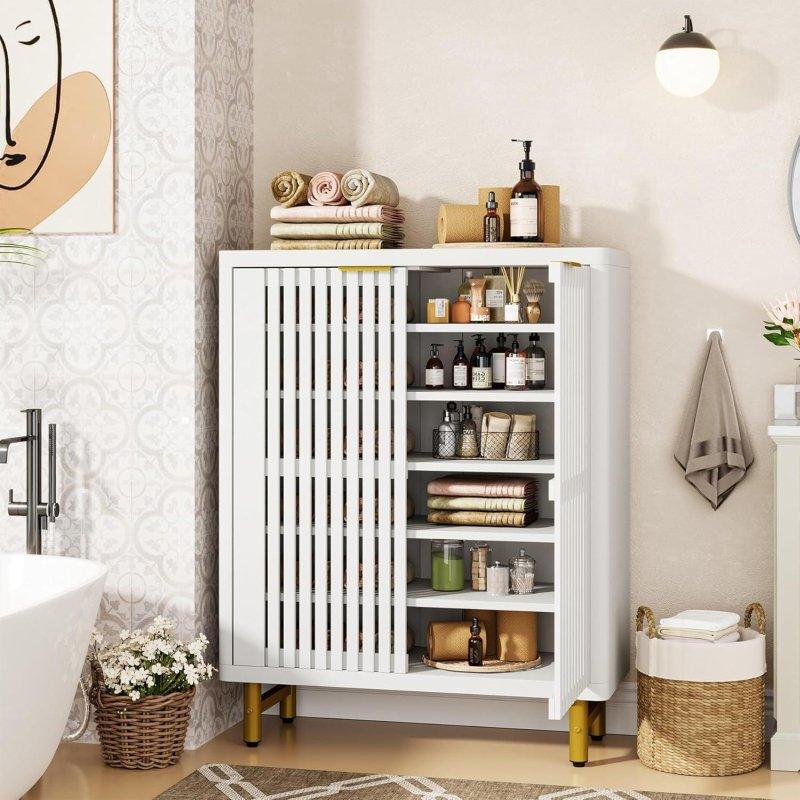 Ceviz MDF Metal Ayaklı Panjurlu Ayarlanabilir Raflı Çok Amaçlı Banyo Dolabı - 85x36x111 cm - 333919