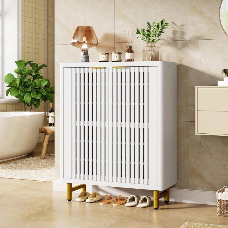 Ceviz MDF Metal Ayaklı Panjurlu Ayarlanabilir Raflı Çok Amaçlı Banyo Dolabı - 85x36x111 cm - 333919
