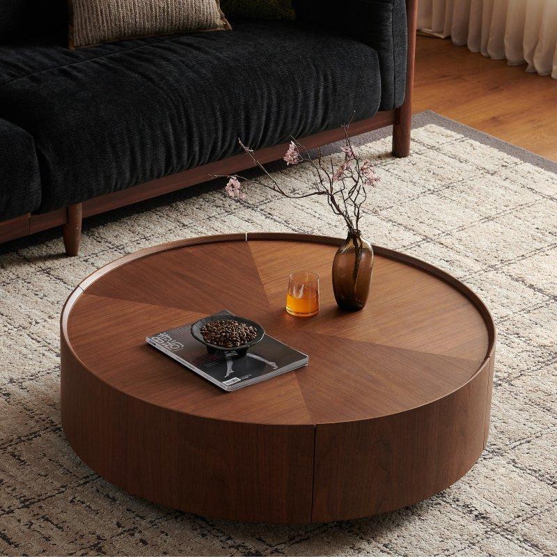 Ceviz MDF Metal Çekmeceli Yuvarlak Orta Sehpa - 243402