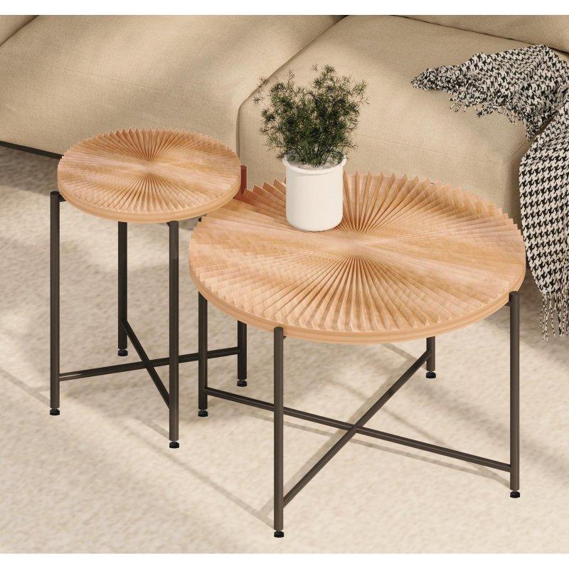 Ceviz MDF Radyal Desenli Metal Ayaklı 2li Set Yuvarlak Orta Sehpa - 240535