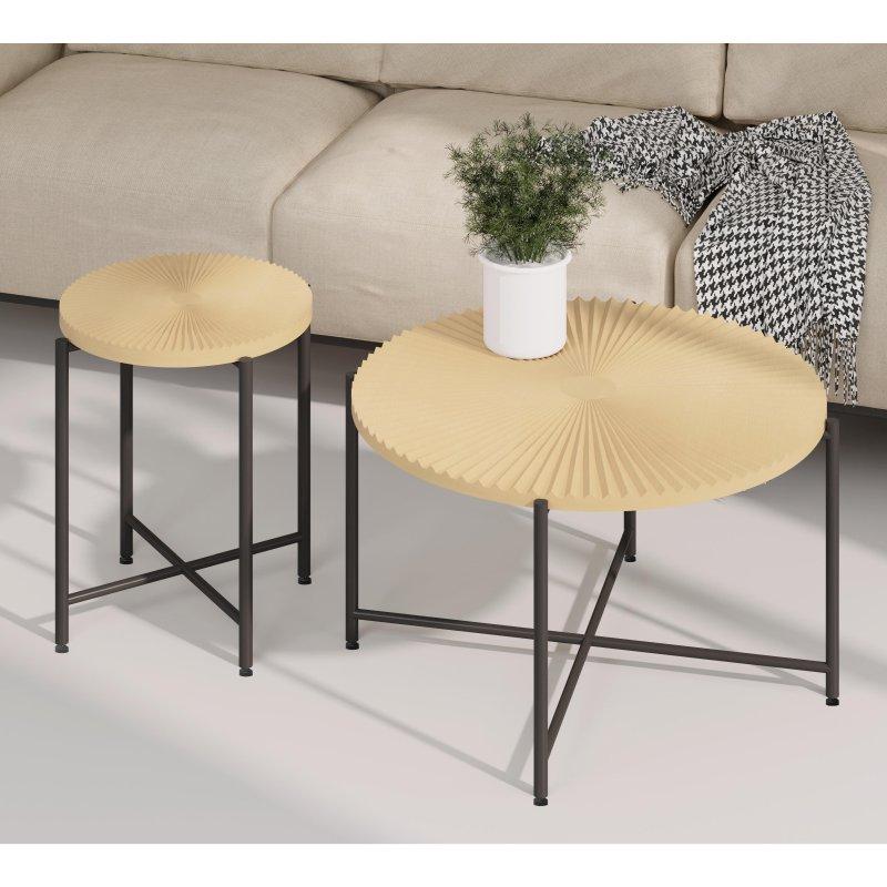 Ceviz MDF Radyal Desenli Metal Ayaklı 2li Set Yuvarlak Orta Sehpa - 240535