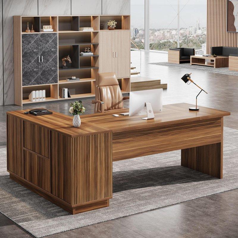 Ceviz MDF Raflı ve Dolaplı L Tipi Yönetici Ofis Masası - 181x141 cm - 326100