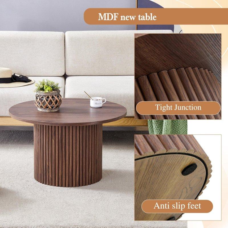 Ceviz MDF Saklama Alanlı Roma Sütunu Ayaklı Yuvarlak Orta Sehpa - 70x42 cm - 240707