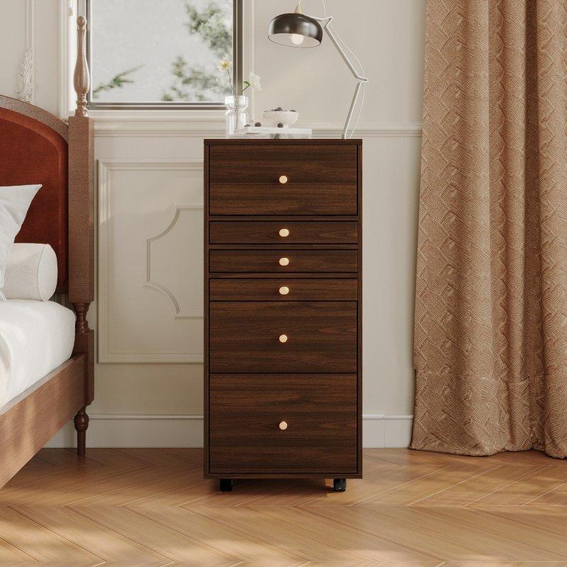 Ceviz MDF ve Çam Aydınlatmalı Aynalı Tekerlekli 6 Çekmeceli Şifonyer - 40x91x40 cm - 299929