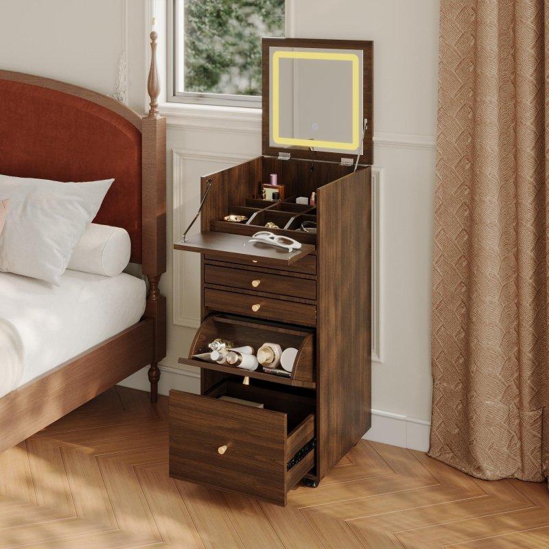 Ceviz MDF ve Çam Aydınlatmalı Aynalı Tekerlekli 6 Çekmeceli Şifonyer - 40x91x40 cm - 299929