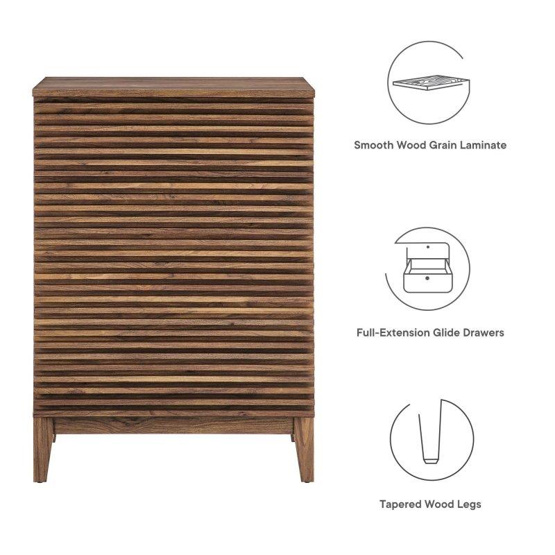 Ceviz MDF ve Laminat Çıtalı Tasarım 4 Çekmeceli Şifonyer - 80x111 cm - 302189
