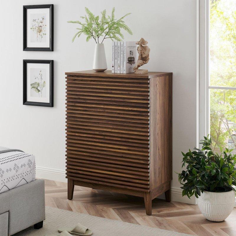 Ceviz MDF ve Laminat Çıtalı Tasarım 4 Çekmeceli Şifonyer - 80x111 cm - 302189