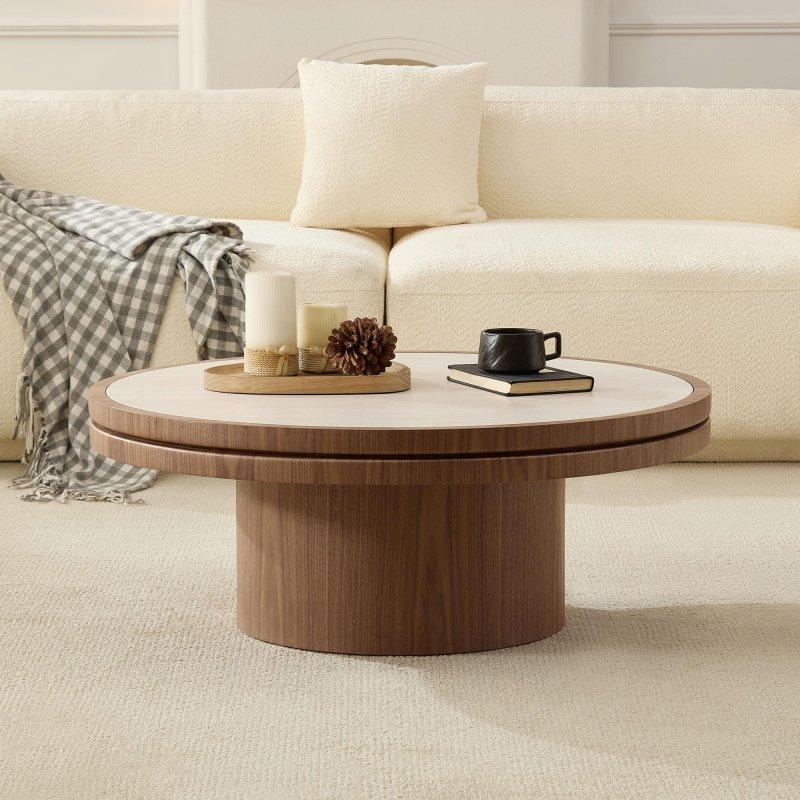 Ceviz MDF ve Sinterlenmiş Taş İç İçe Geçebilen 2li Yuvarlak Orta Sehpa Seti - 242886
