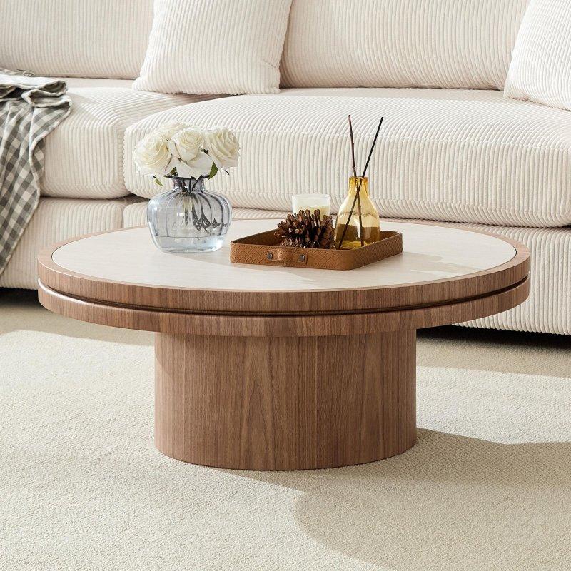 Ceviz MDF ve Sinterlenmiş Taş İç İçe Geçebilen 2li Yuvarlak Orta Sehpa Seti - 242886