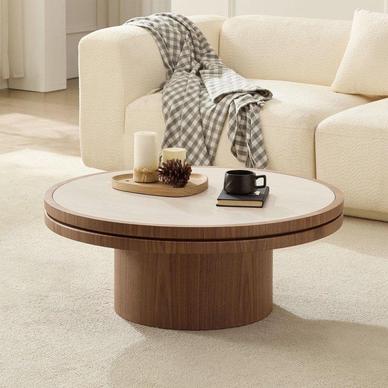 Ceviz MDF ve Sinterlenmiş Taş İç İçe Geçebilen 2li Yuvarlak Orta Sehpa Seti - 242886