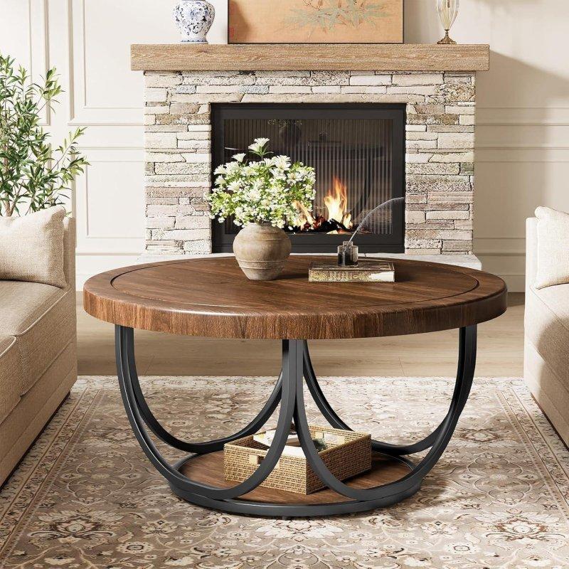 Ceviz MDF ve Siyah Metal İki Katlı Raflı Yuvarlak Orta Sehpa - 81 cm - 243218