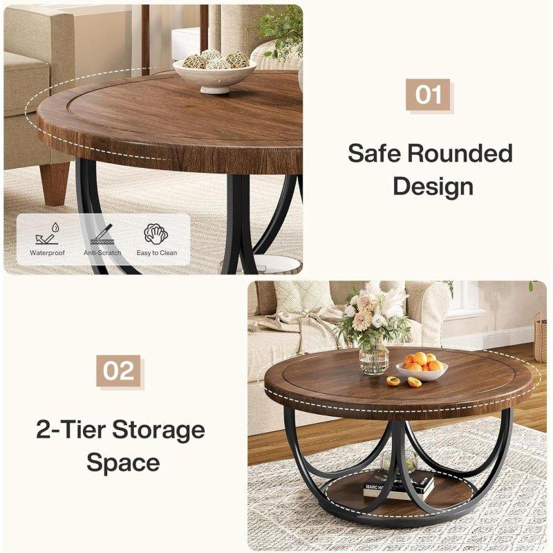 Ceviz MDF ve Siyah Metal İki Katlı Raflı Yuvarlak Orta Sehpa - 81 cm - 243218
