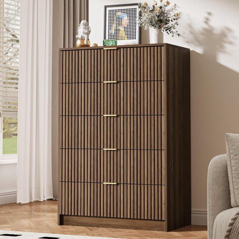 Ceviz Meşe Yivli Gold Kulplu Modern Şifonyer - 300169