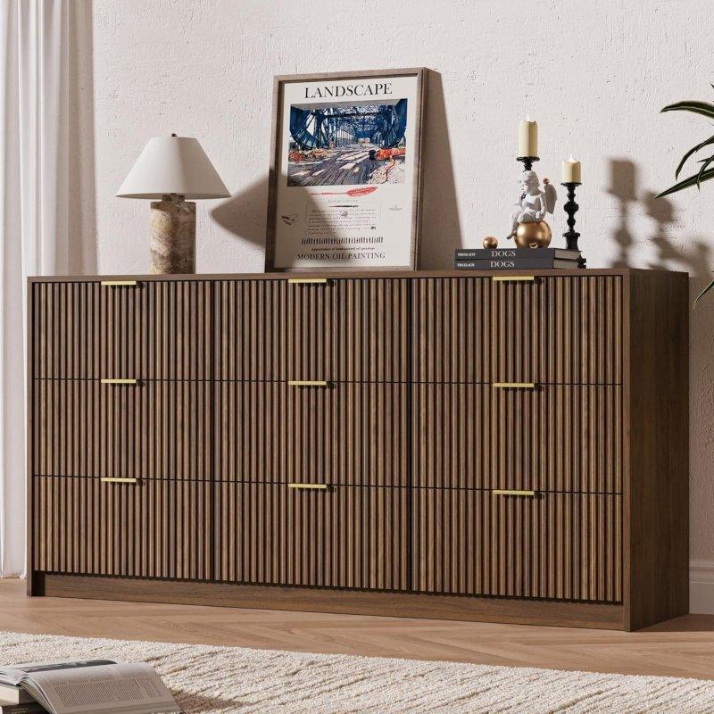 Ceviz Meşe Yivli Gold Kulplu Modern Şifonyer - 300169