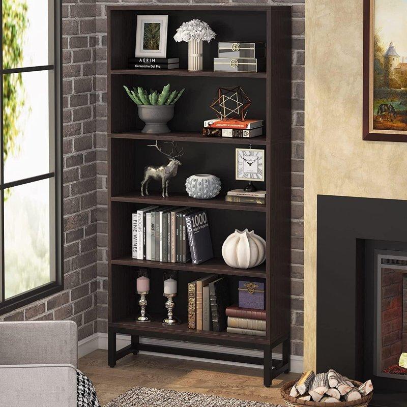 Ceviz Metal 5 Raflı Büyük Kitaplık - 81x31x181 cm - 312523