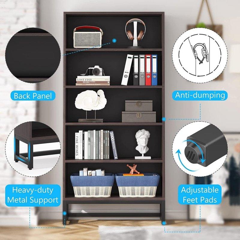 Ceviz Metal 5 Raflı Büyük Kitaplık - 81x31x181 cm - 312523