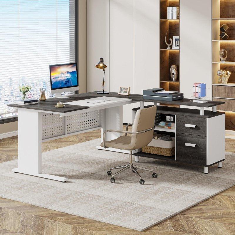 Ceviz Metal Ayaklı L Tipi Dosya Dolaplı ve Raflı Ofis Masası - 161 cm - 327037