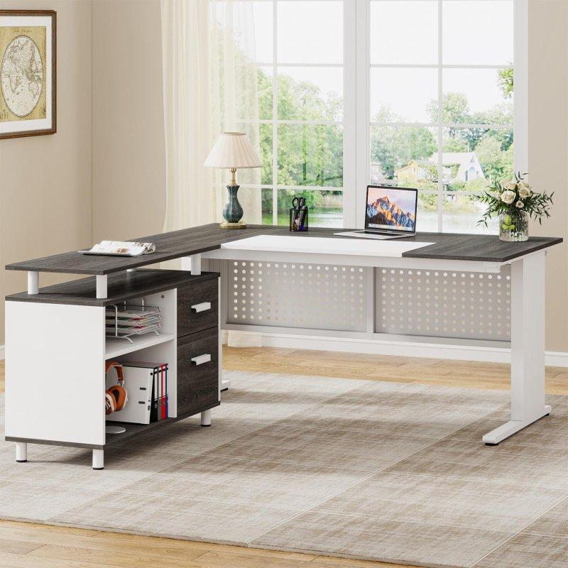 Ceviz Metal Ayaklı L Tipi Dosya Dolaplı ve Raflı Ofis Masası - 161 cm - 327037