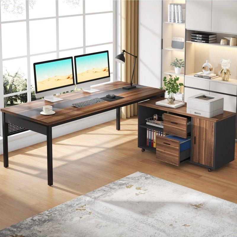 Ceviz Metal Çerçeveli L Tipi Çekmeceli ve Mobil Dolaplı Yönetici Ofis Masası - 180 cm - 325974