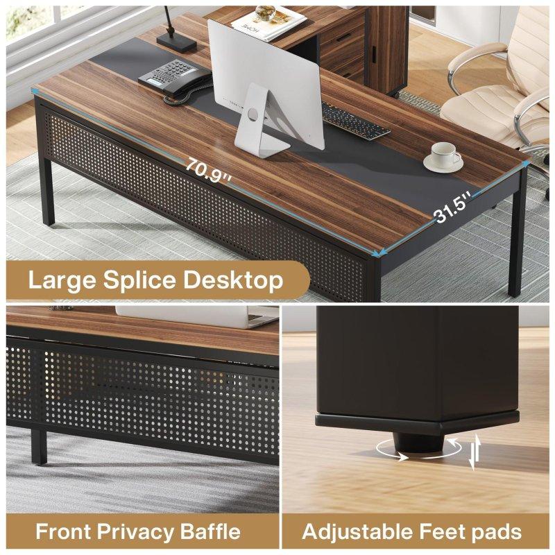 Ceviz Metal Çerçeveli L Tipi Çekmeceli ve Mobil Dolaplı Yönetici Ofis Masası - 180 cm - 325974