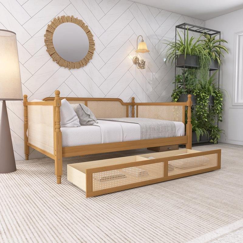 Ceviz Rattan ve Masif Ahşap 2 Çekmeceli Daybed Karyola - 328436