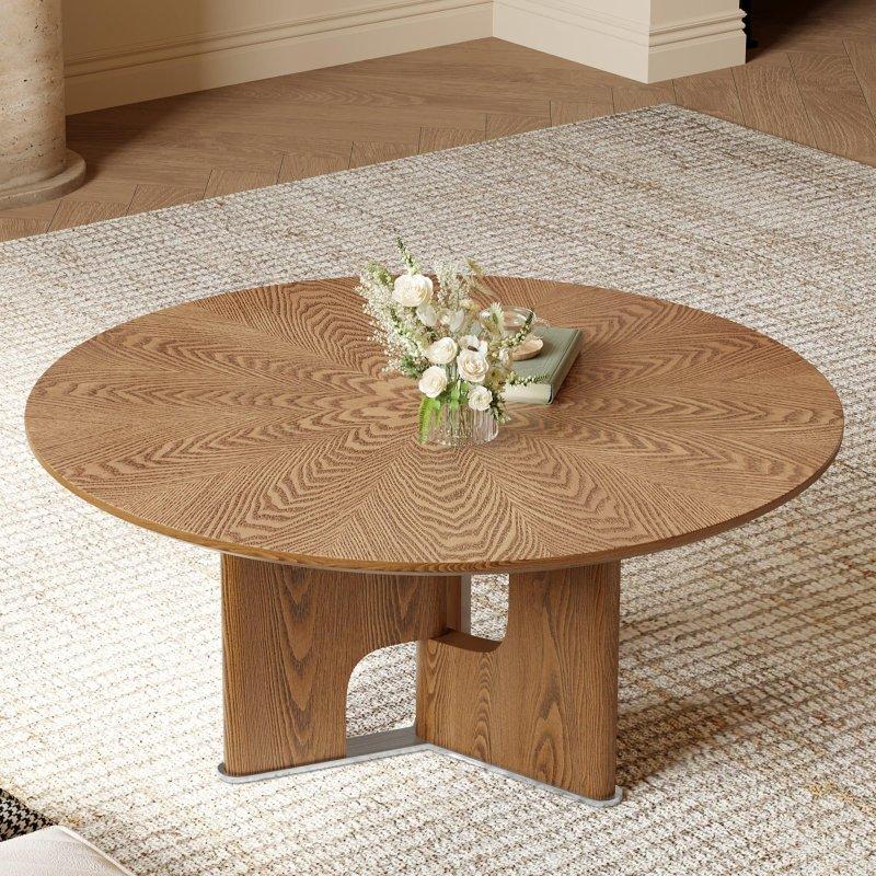 Ceviz Rengi Dişbudak Kaplama MDF Kaide Ayaklı Yuvarlak Orta Sehpa - 81x39 cm - 239571