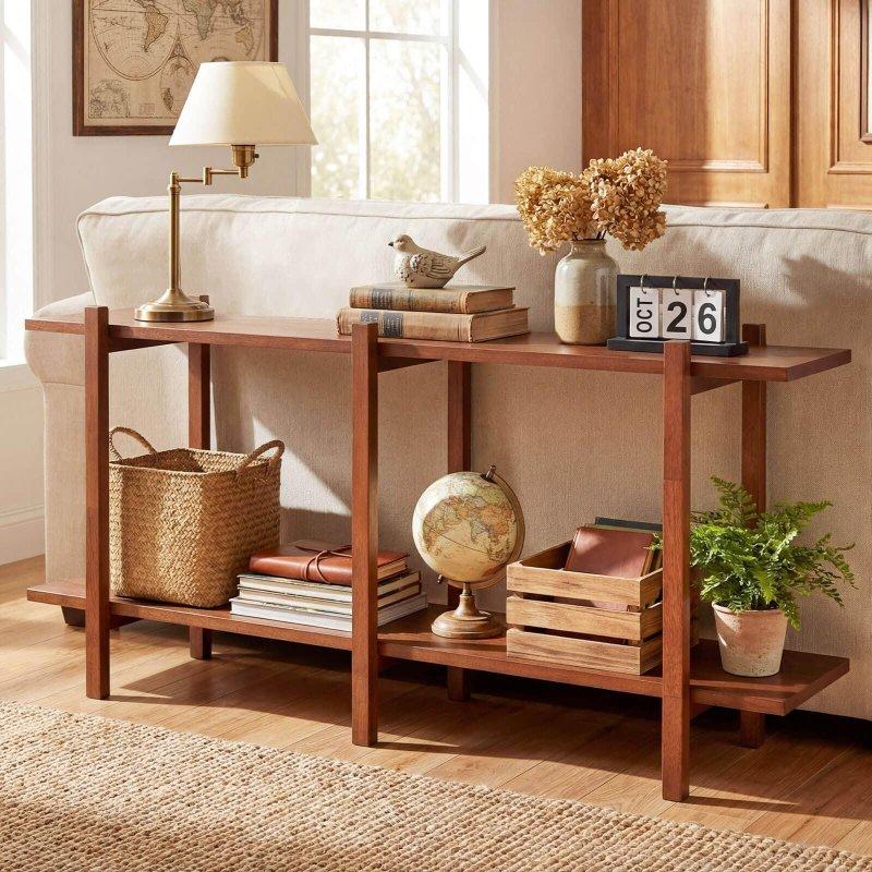 Ceviz Rengi Kauçuk Ağacı ve MDF 2 Katlı Yatay Kitaplık - 122 cm - 315956