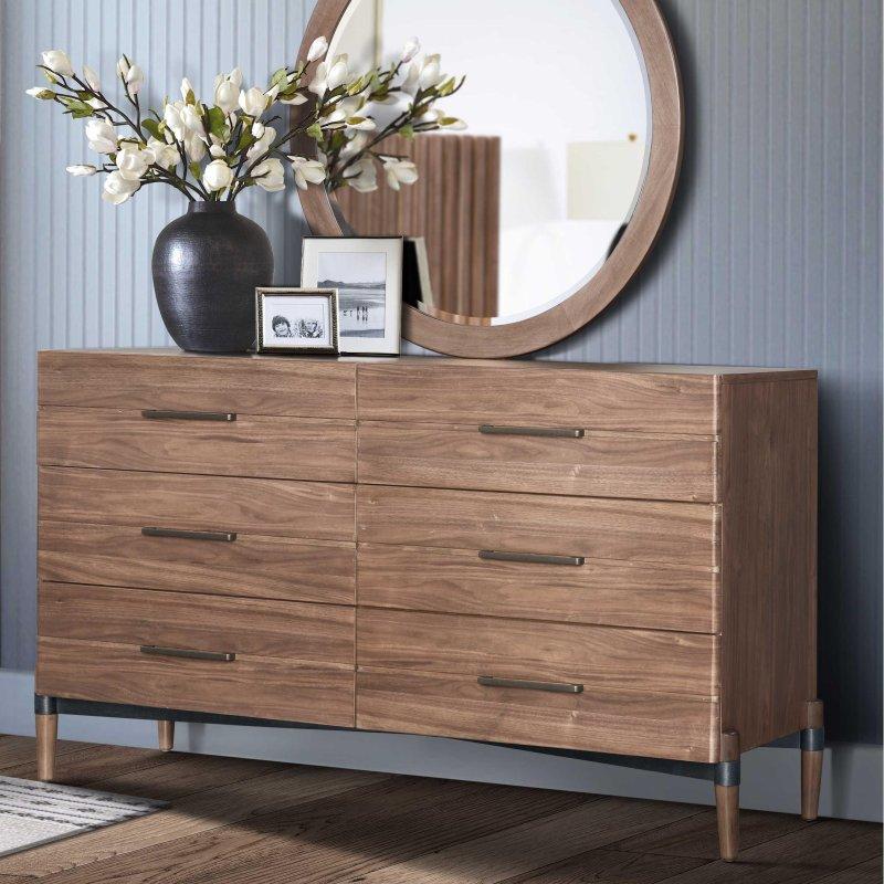 Ceviz Rengi Masif Ahşap 6 Çekmeceli Antik Bronz Kulplu Şifonyer - 173x49x92 cm - 304169