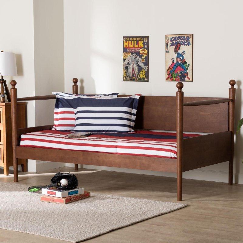 Ceviz Rengi Masif Ahşap İğ Direkli Kır Evi Tasarım Daybed Karyola - 202x108 cm - 330154
