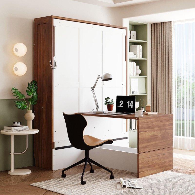 Ceviz Rengi Masif Ahşap ve MDF Katlanır Masalı Hidrolik Duvar Yatağı - 154 cm - 260822