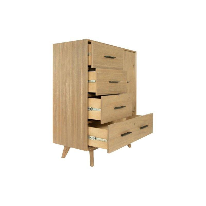 Ceviz Rengi Masif Akasya Ağacı 4 Çekmeceli 1 Kapaklı Konik Ayaklı Şifonyer - 100x44x120 cm - 296872