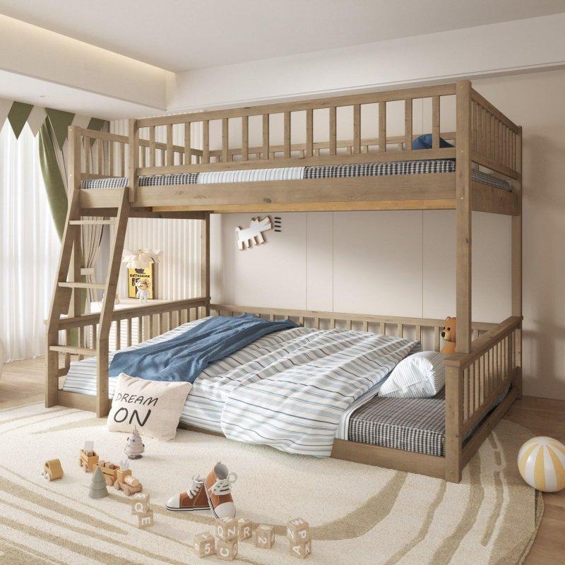 Ceviz Rengi Masif Çam ve MDF Ayrılabilen Merdivenli Ranza - 250746