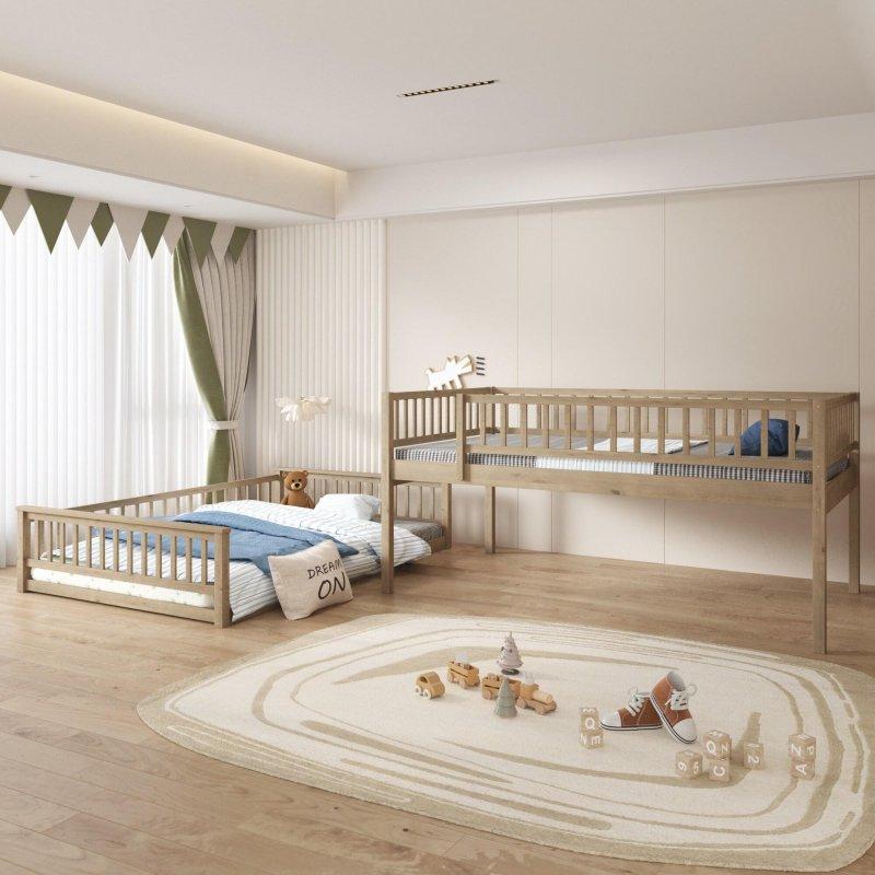 Ceviz Rengi Masif Çam ve MDF Ayrılabilen Merdivenli Ranza - 250746