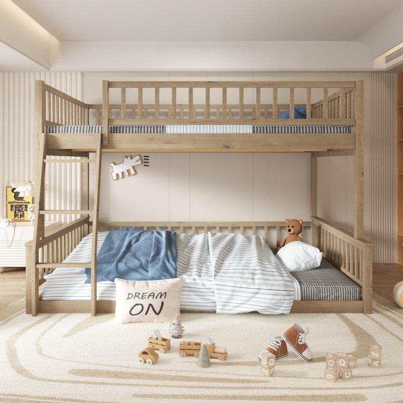 Ceviz Rengi Masif Çam ve MDF Ayrılabilen Merdivenli Ranza - 250746