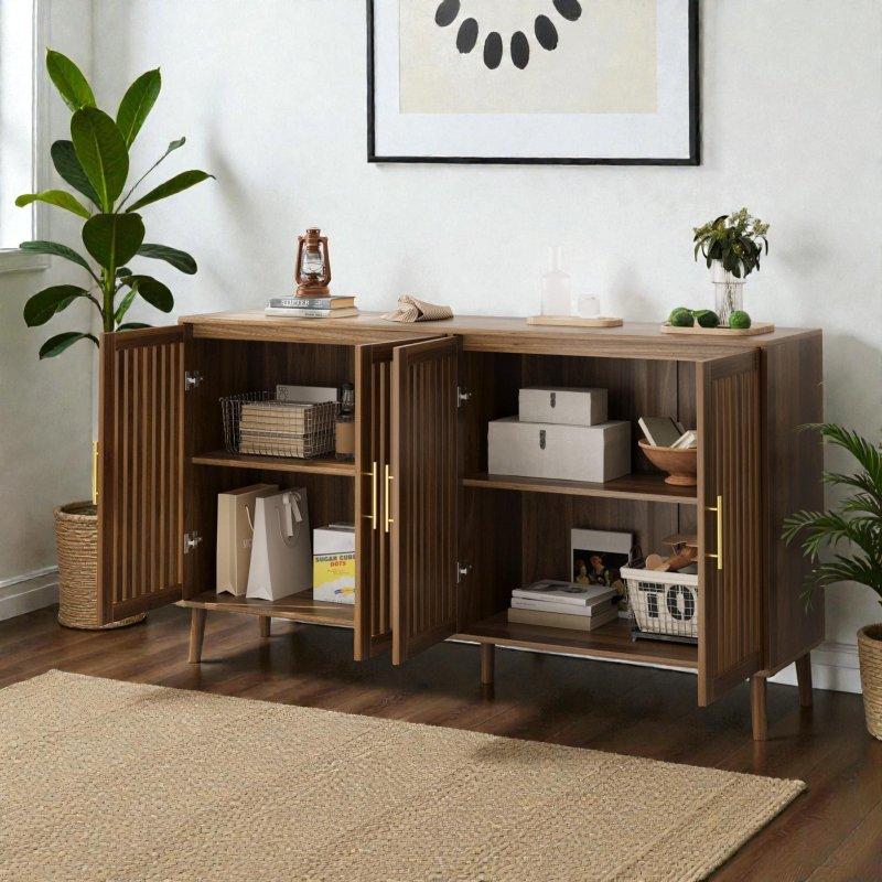Ceviz Rengi MDF 4 Izgara Kapaklı Masif Ahşap Ayaklı Bohem Konsol - 161 cm - 324934
