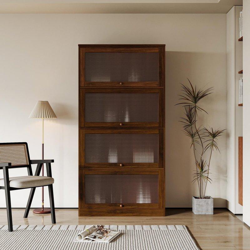 Ceviz Rengi MDF 4 Raflı Cam Kapaklı Kitaplık - 81x157x36 cm - 239407