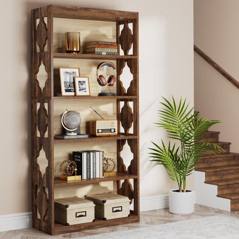 Ceviz Rengi MDF 6 Raflı Oymalı Kapalı Sırtlı Kitaplık - 81x178 cm - 313580