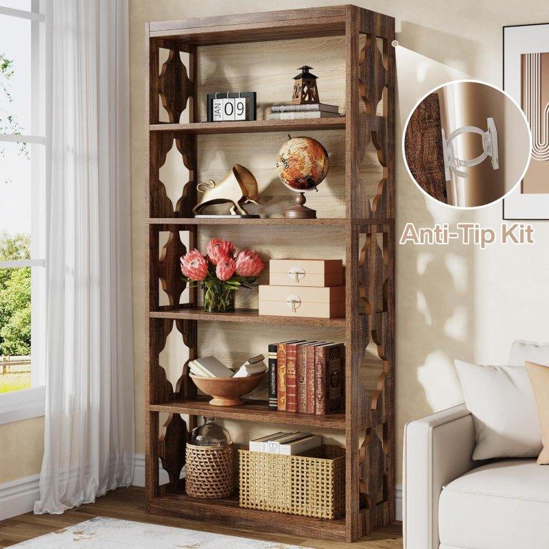 Ceviz Rengi MDF 6 Raflı Oymalı Kapalı Sırtlı Kitaplık - 81x178 cm - 313580